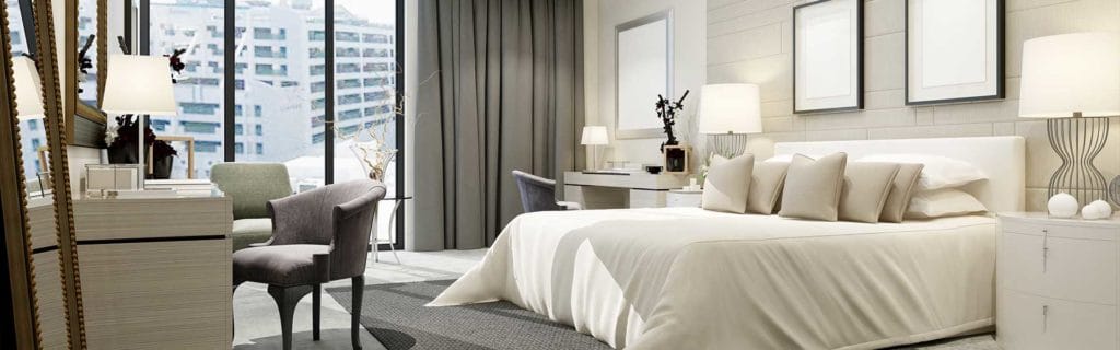 Luxury hotel room with modern design, ideal for escort service meetings, elegant lighting, comfortable bed, large window with city view.