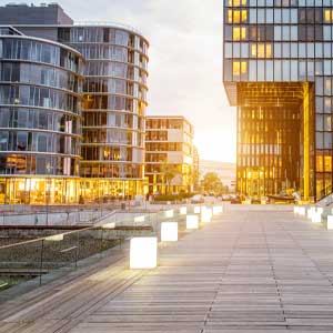 Modern urban architecture with glass skyscrapers and city ambience, perfect for escort service in an urban environment.