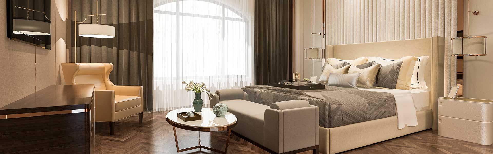 An elegant escort lady in a stylish hotel room, sitting on a bed and smiling at the viewer. Perfect for an exclusive escort service experience in a comfortable setting.