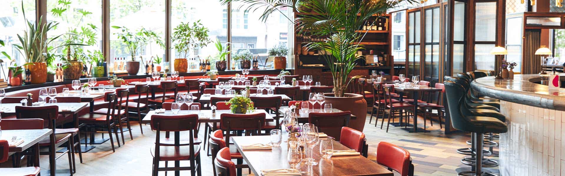 An attractive escort lady in a stylish café, seated at a table with flowers and drinks, in a bright, modern setting. Perfect for escort service advertising.